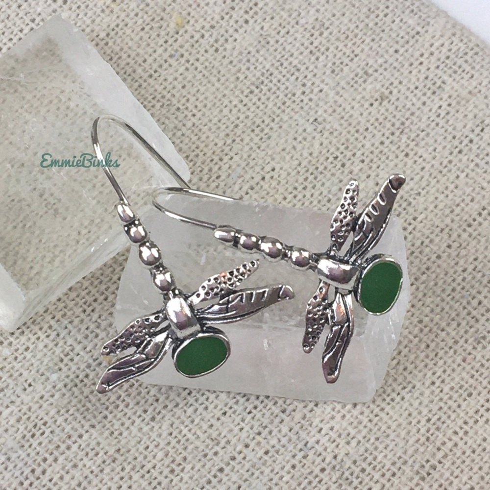 ✨3/$38 New Antique Silver & Green Dragonfly Drop Dangle Earrings - Free People - Picture 5 of 10